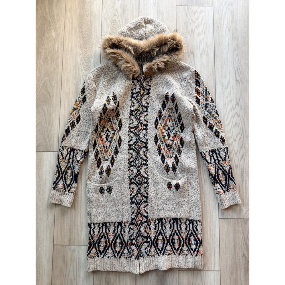 Northern Angel Hooded AztecCardigan Women M Oatmeal Faux Fur Trim Southwestern